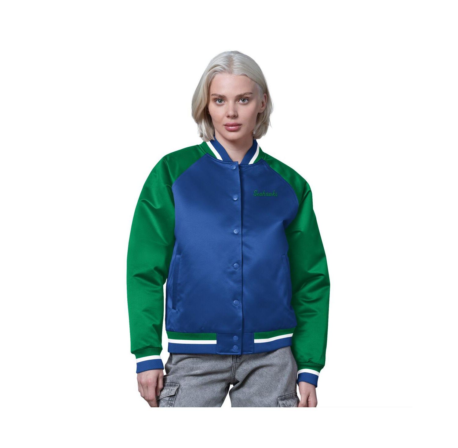Women's Royal/Green Seattle Seahawks Satin Full-Snap Vintage Varsity Jacket