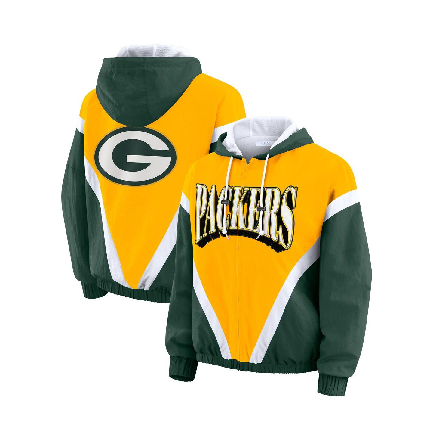 Женские худи WEAR by Erin Andrews Gold/Green Green Bay Packers Plus Size Retro Crinkle Full-Zip Windbreaker Jacket — фото 1