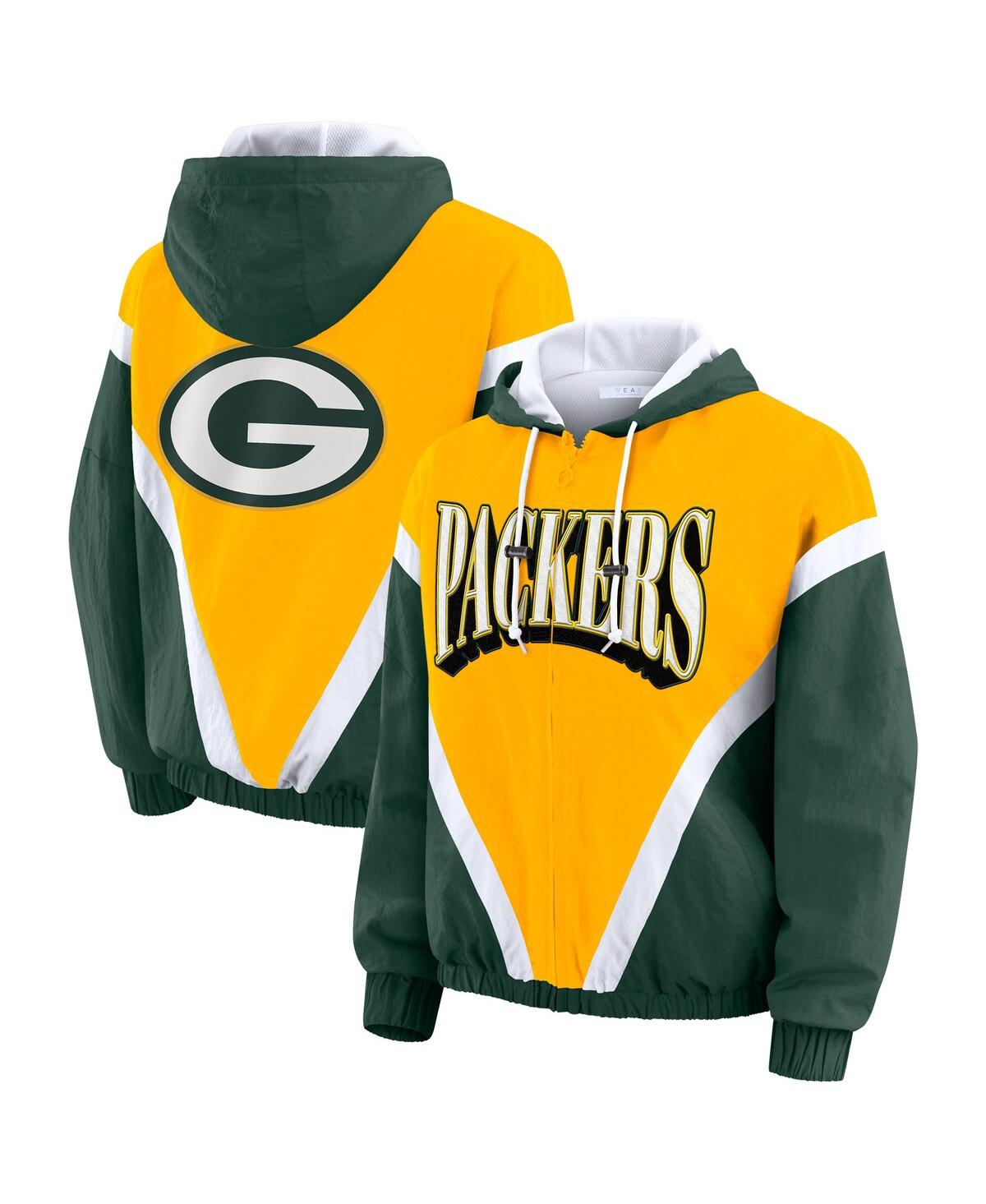 Wear By Erin Andrews Women's Gold/green Green Bay Packers Plus Size Retro Crinkle Full-zip Hoodie Windbreaker Jacket In Multi