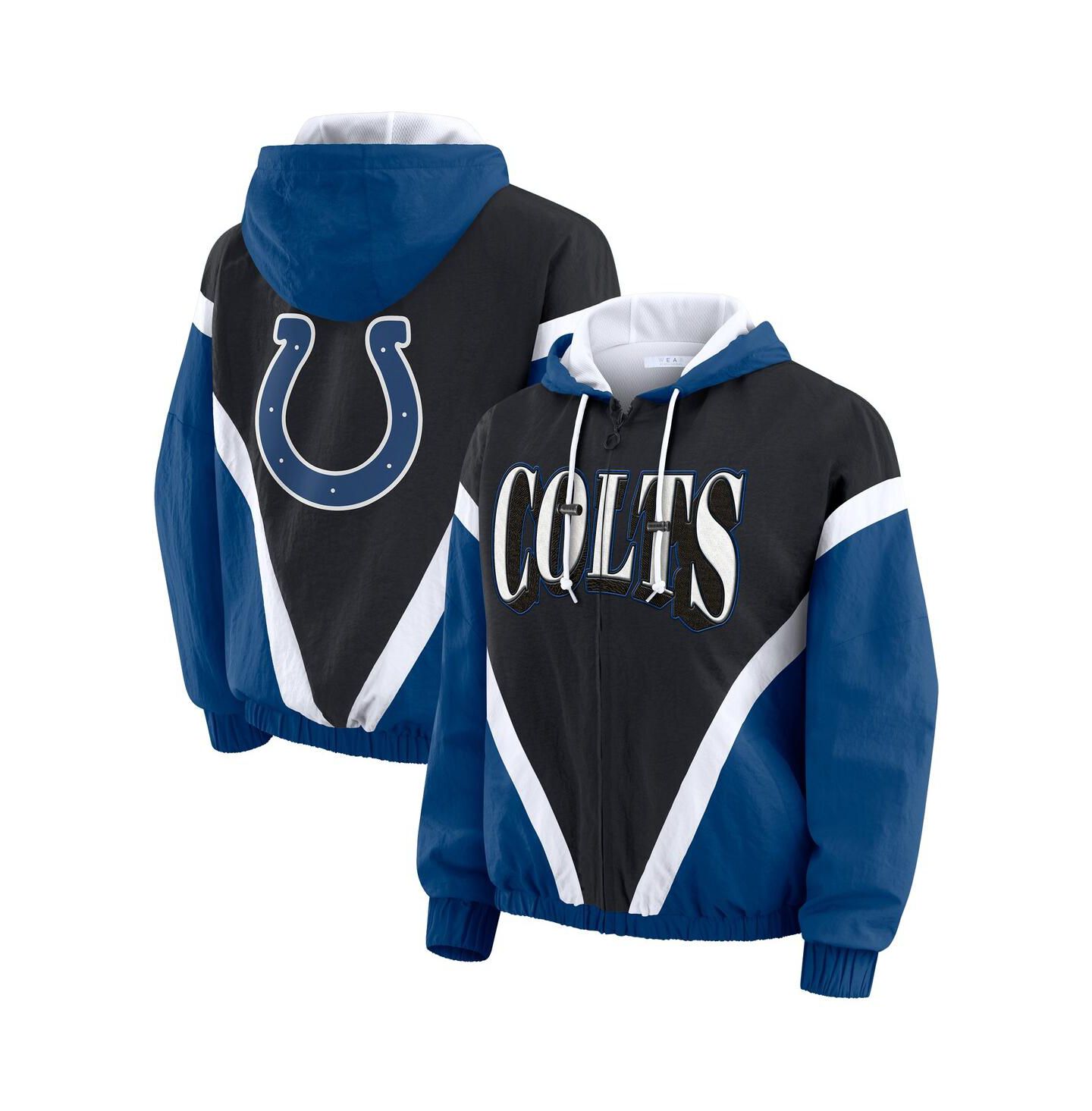 Женские худи WEAR by Erin Andrews Black/Royal Indianapolis Colts Plus Size Retro Crinkle Full-Zip Windbreaker Jacket — фото 1