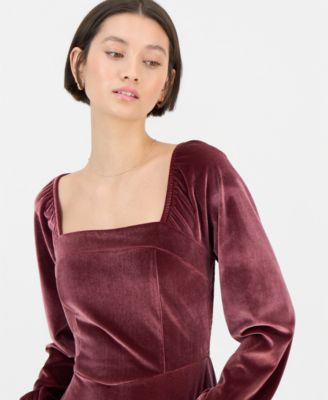 Juniors' Long-Sleeve Velour Square-Neck Mini Dress