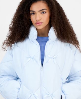Juniors' Diamond Quilted Bow Puffer Jacket