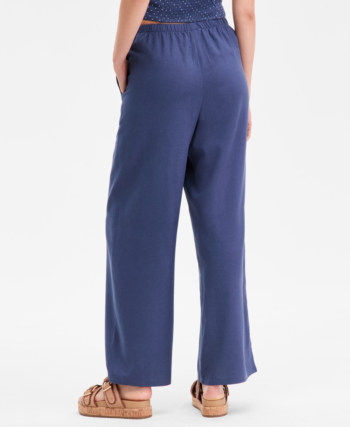 Hippie Rose Juniors' Linen-Blend Wide-Leg Tie-Front Drawstring Pants