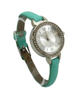 Mint Rhinestone Skinny Leather Strap Watch