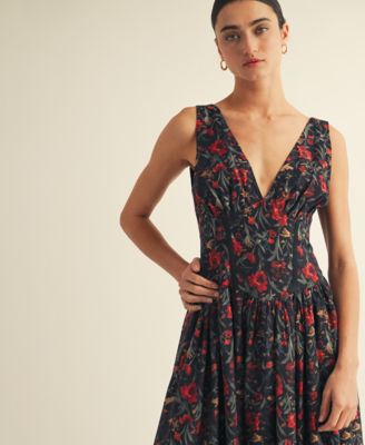 Women’s V-Neck Detailed Floral Printed Maxi Dress