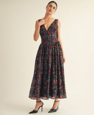 Women’s V-Neck Detailed Floral Printed Maxi Dress
