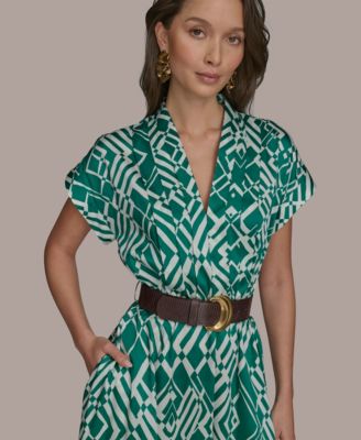 Women's Short-Sleeve Printed V-Neck A-Line Dress with Waist Belt