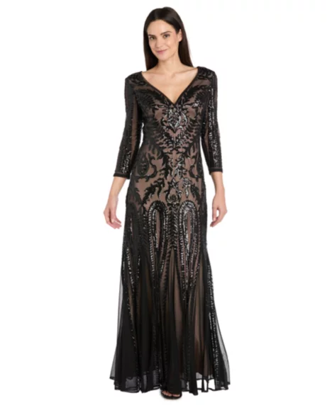 Petite Beaded V-Neck Dress - Black Nude