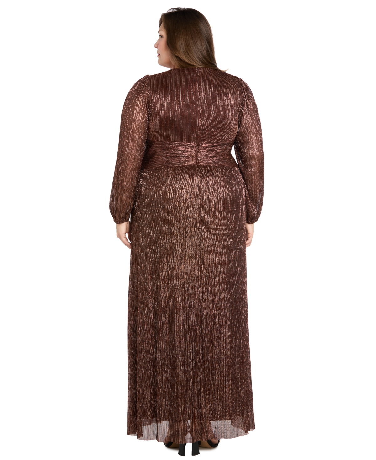 R & M Richards Plus Crinkle Pleated Long Sleeve Ruffle Cascade Dress