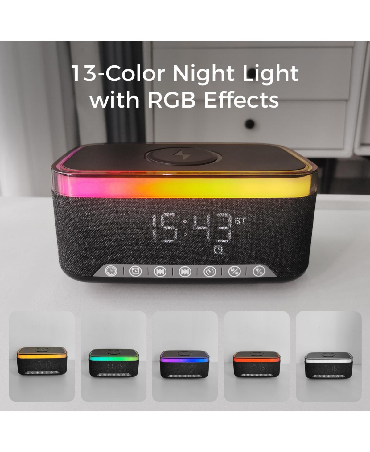 Alpha Digital 10W Bluetooth Stereo Speaker-Alarm Clock, Wireless Charging, Rgb light