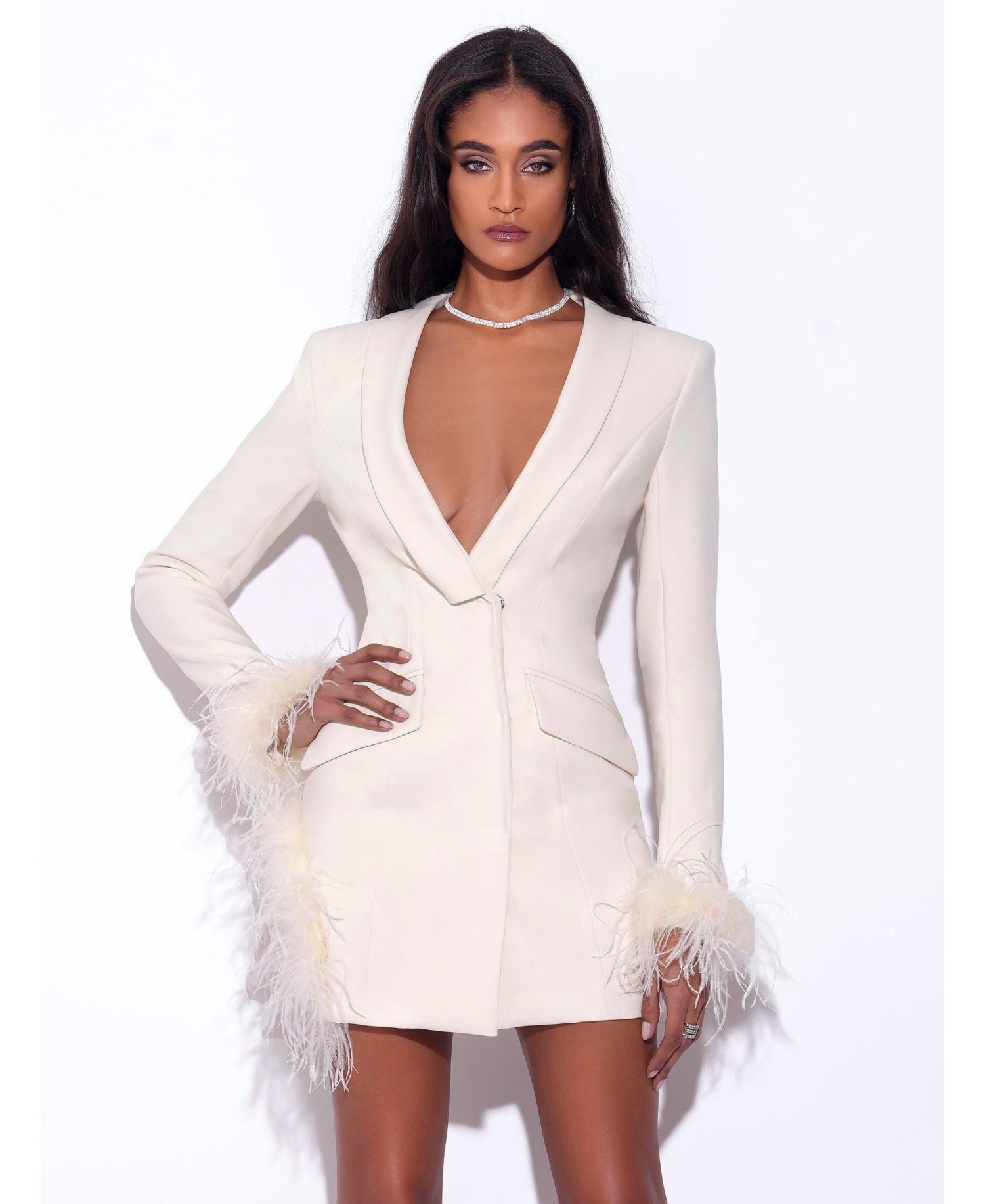 Women Madeline Pearl White Feather Trim Blazer Dress