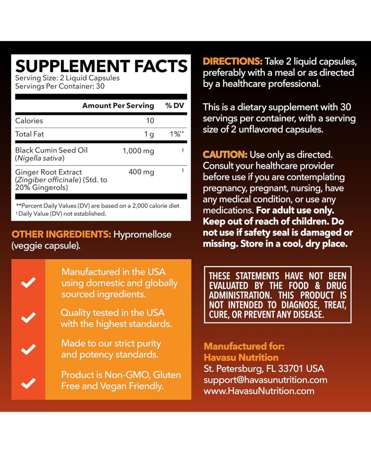 Havasu NutritionBlack Seed Oil + Ginger Liquid Capsules, 60ct