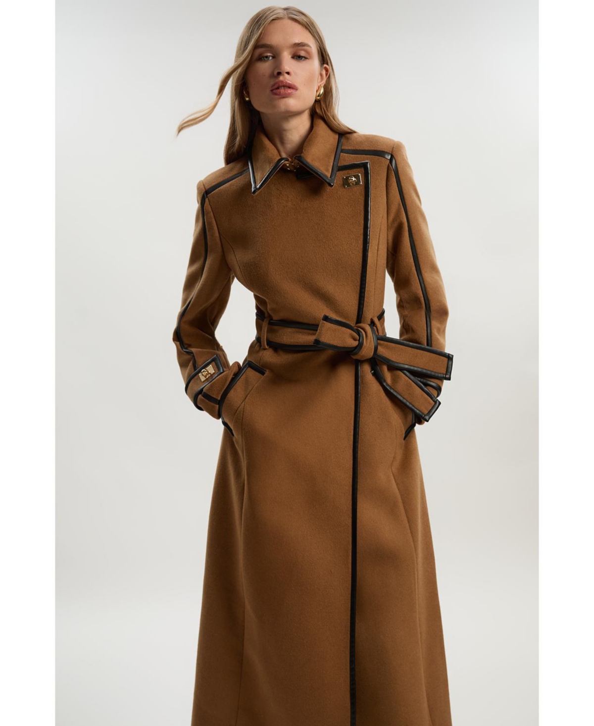 Karen Millen Women's Wool Pu Belted Midi Coat