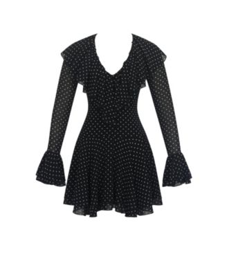 Women Omari Black Chiffon Polka Dot Ruffled Neckline Mini Dress
