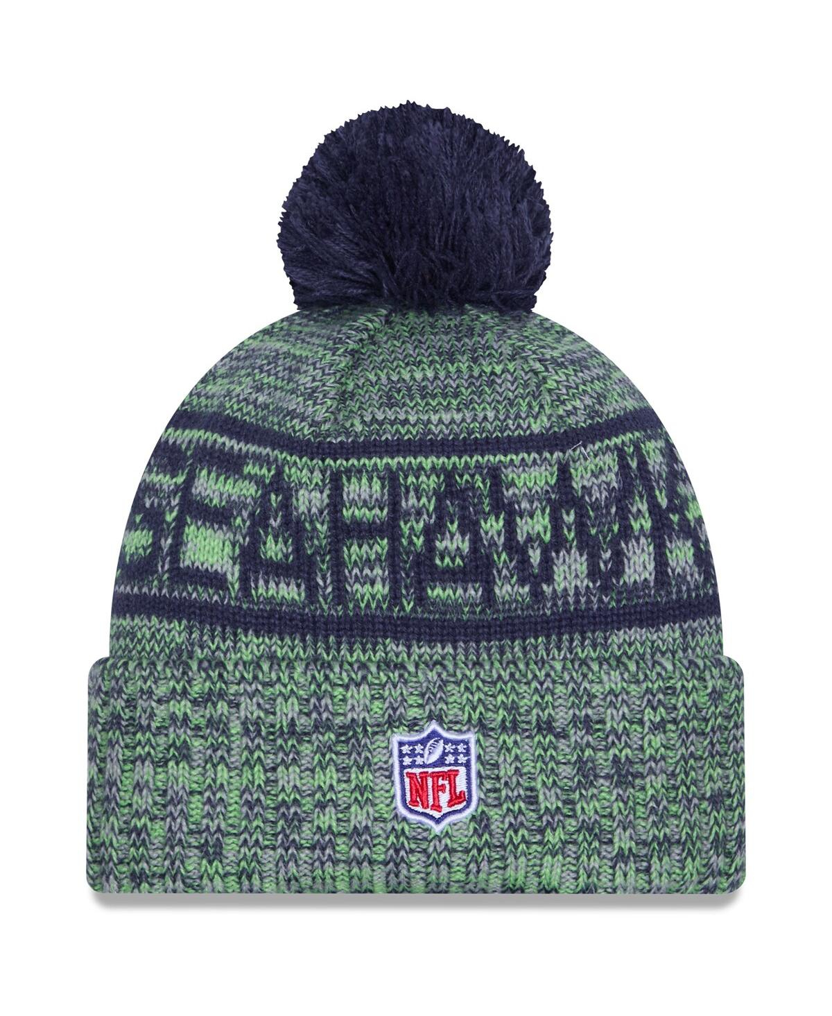 New Era Men's Neon Green Seattle Seahawks 2025 Sideline Cold Weather Cuffed Pom with Knit Hat