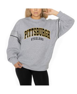 Gameday Couture - Women's Ash Pittsburgh Steelers Rhinestone Drop Shoulder Oversized Fleece Pullover Sweatshirt