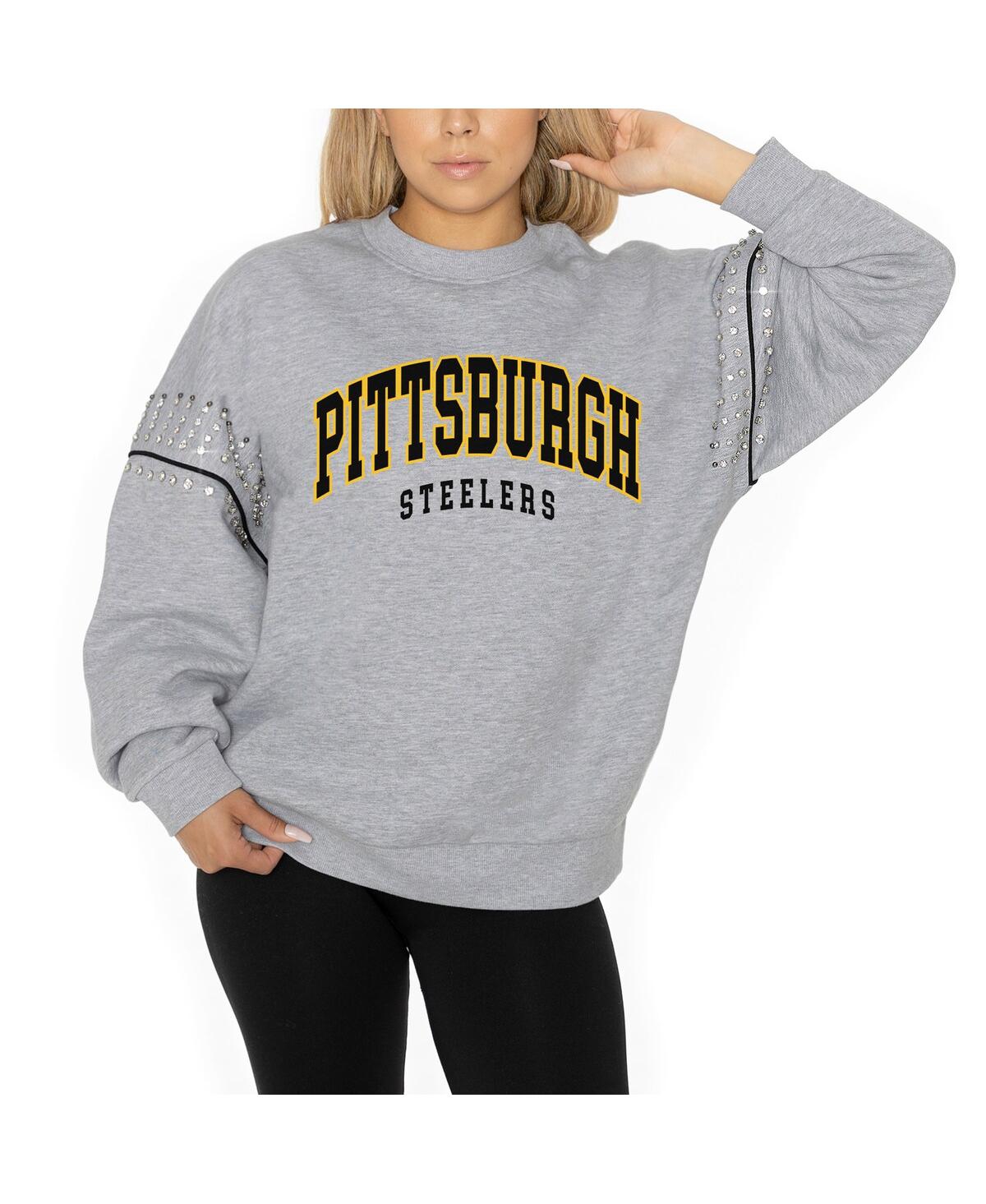 Gameday Couture Women's Ash Pittsburgh Steelers Rhinestone Drop Shoulder Oversized Fleece Pullover Sweatshirt In Gray