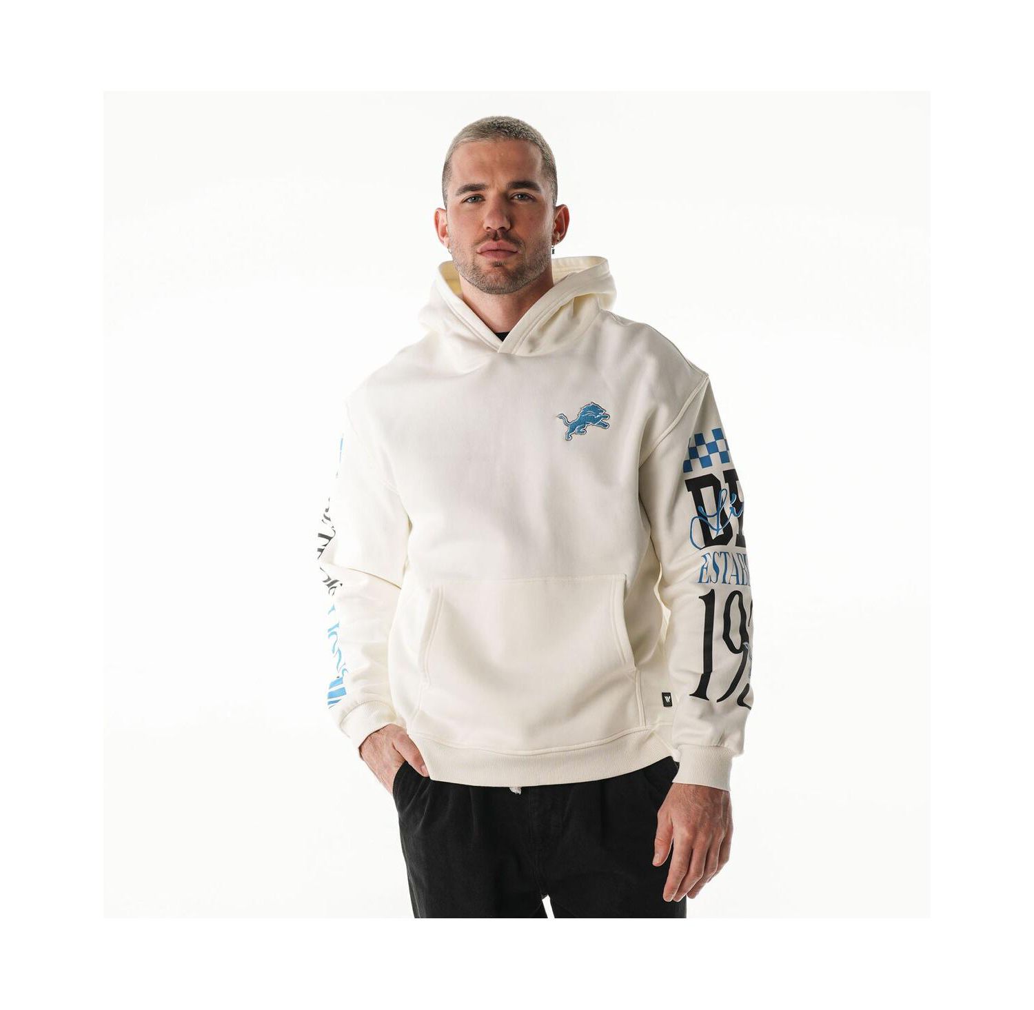 Men's and Women's Cream Detroit Lions Stacked Graphic Sleeve Fleece Hoodie
