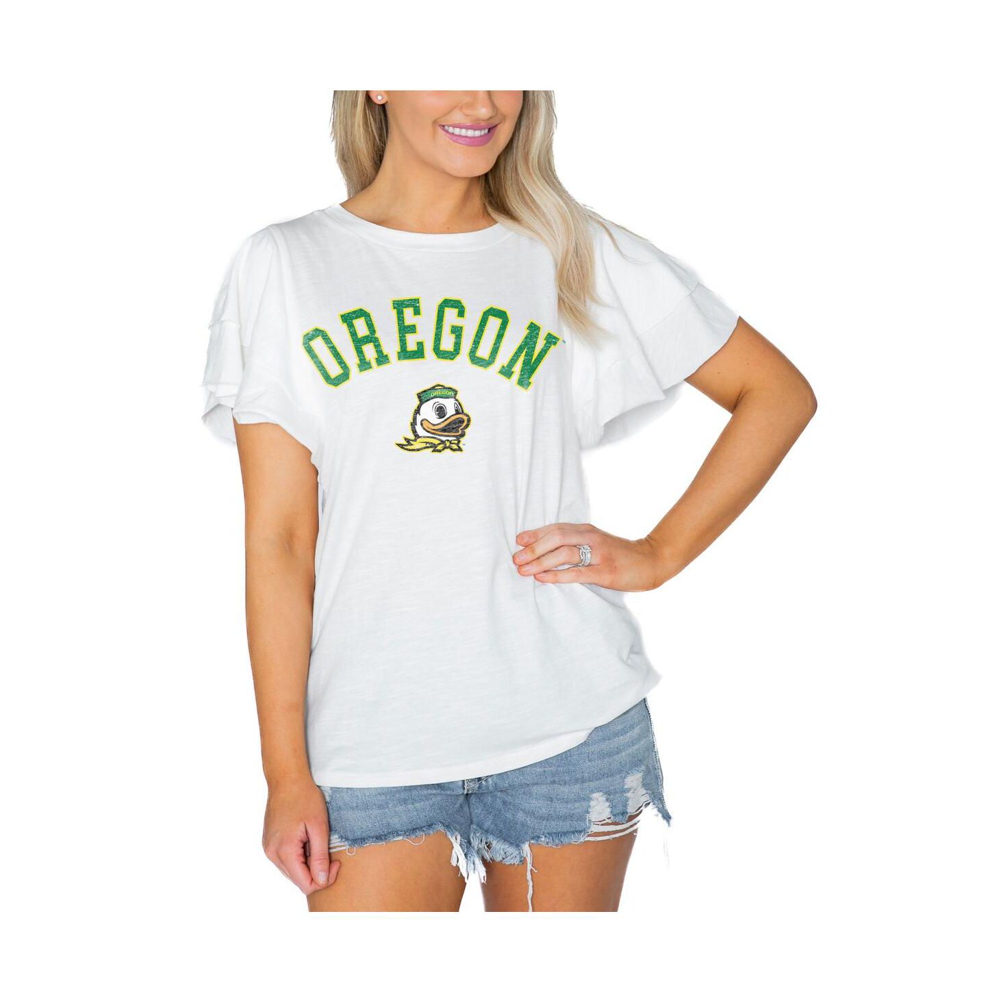 Женская футболка Gameday Couture White Oregon Ducks Arch Logo Flutter Sleeve Lightweight — фото 1