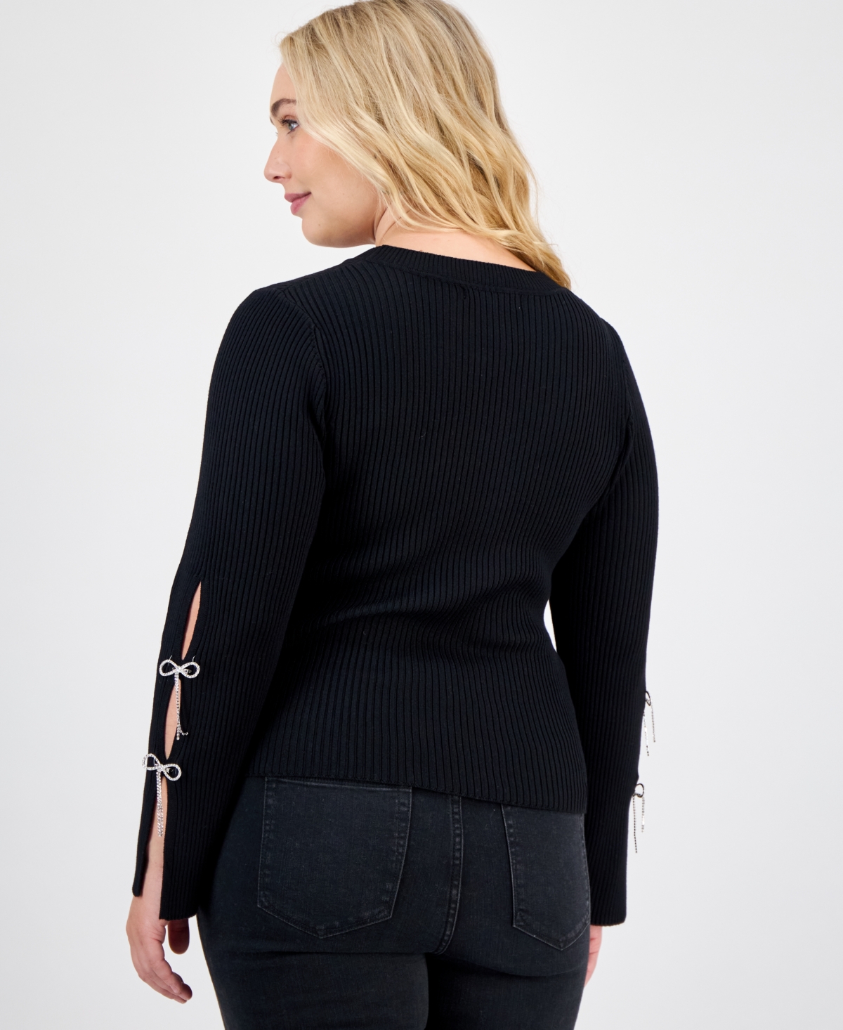 Madden Girl Trendy Plus Size Rhinestone Bow-sleeve Ribbed Sweater In Black