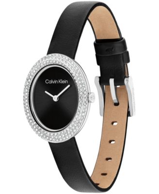 Women's Twisted Bezel Black Leather Strap Watch, 24mm
