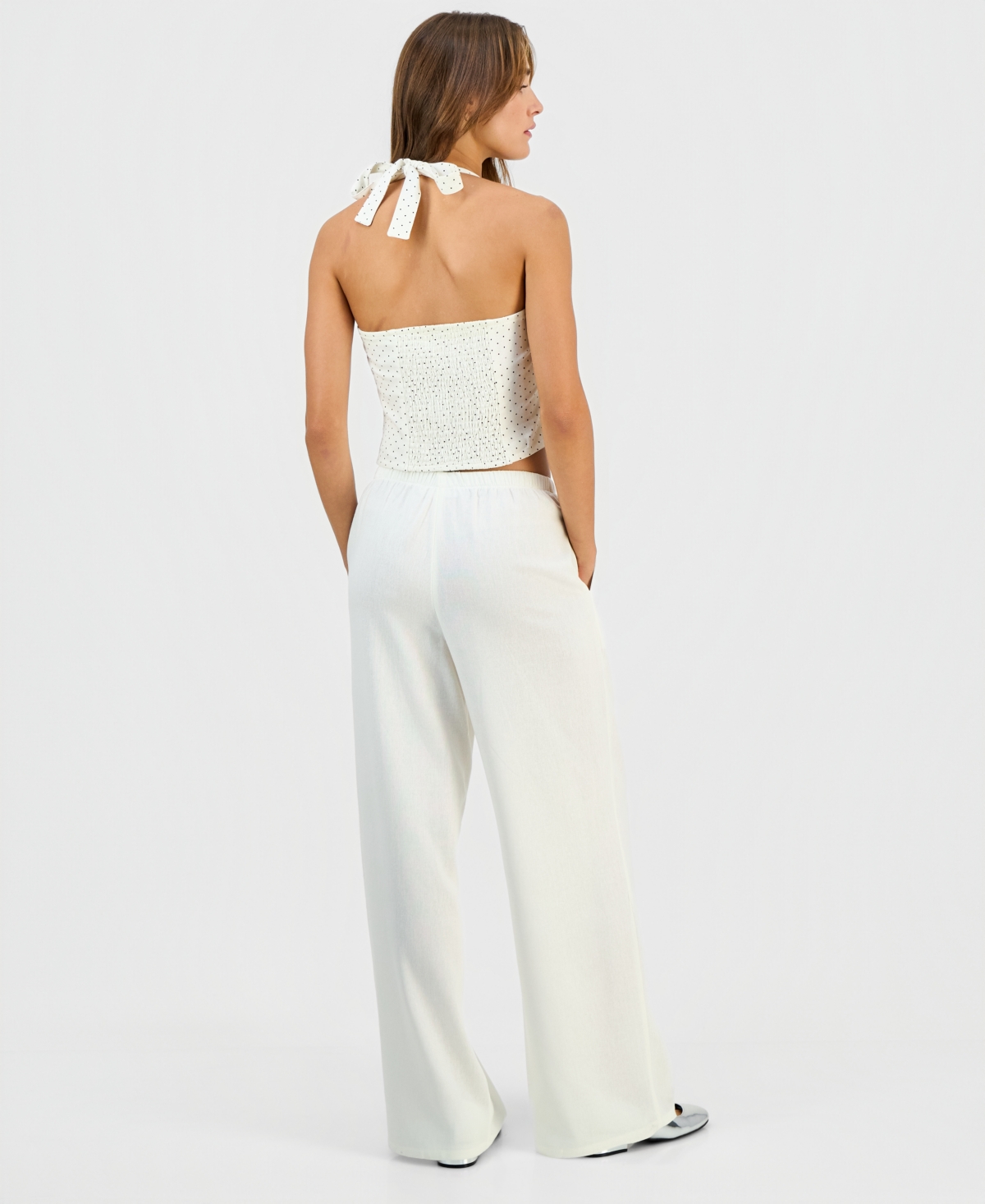 Hippie Rose Juniors' Linen-Blend Wide-Leg Tie-Front Drawstring Pants