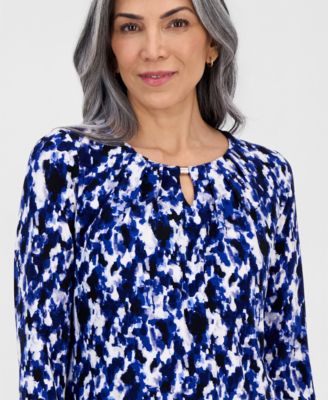 Women's Printed Pleat-Neck 3/4-Sleeve Top