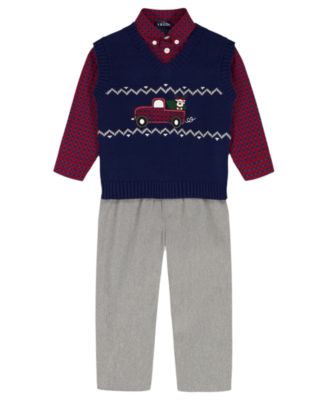 IZOD - Baby Boys 3-Piece Fairisle Truck Sweater Vest, Shirt and Pants Set