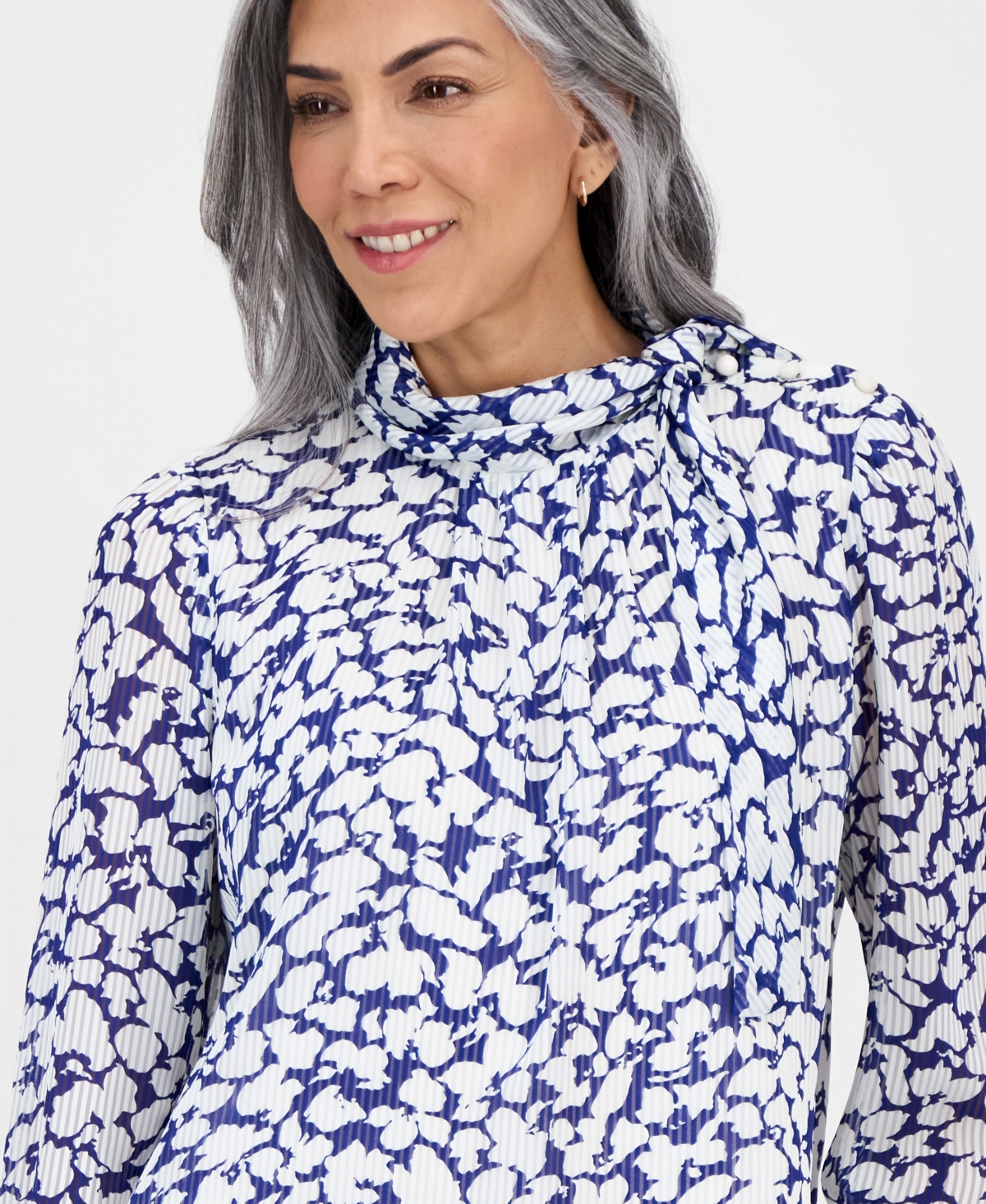 Kasper Women's printed High-Tie-Neck Long-Sleeve Blouse