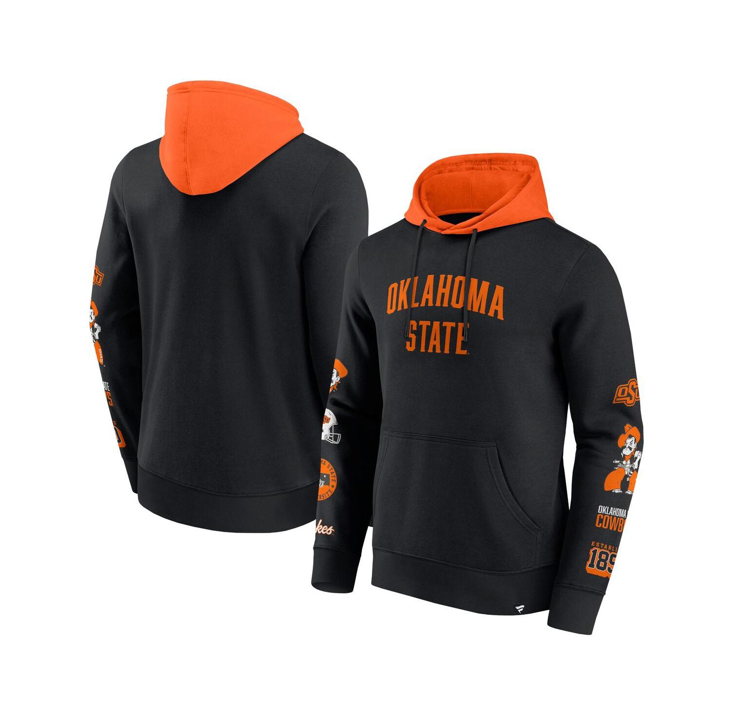 Men's Black/Orange Oklahoma State Cowboys Color Block Badge Fleece Pullover Hoodie