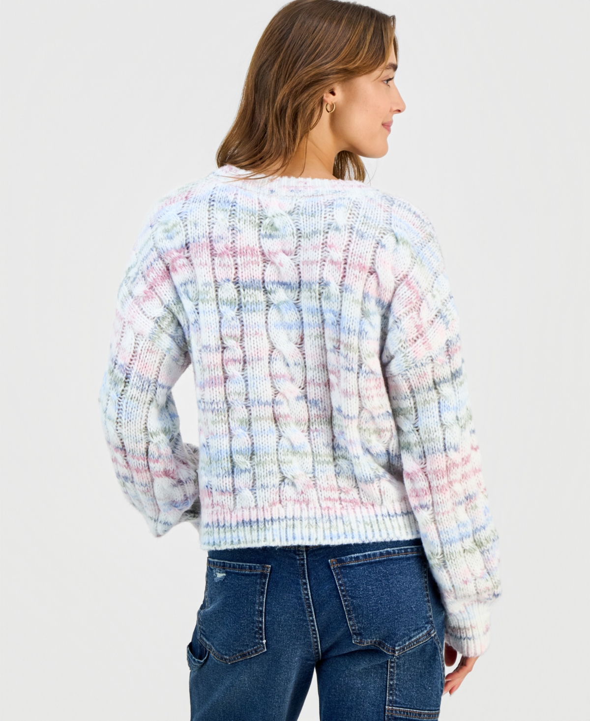 Hippie Rose Juniors' Chunky Cable-knit Crewneck Sweater In Blue