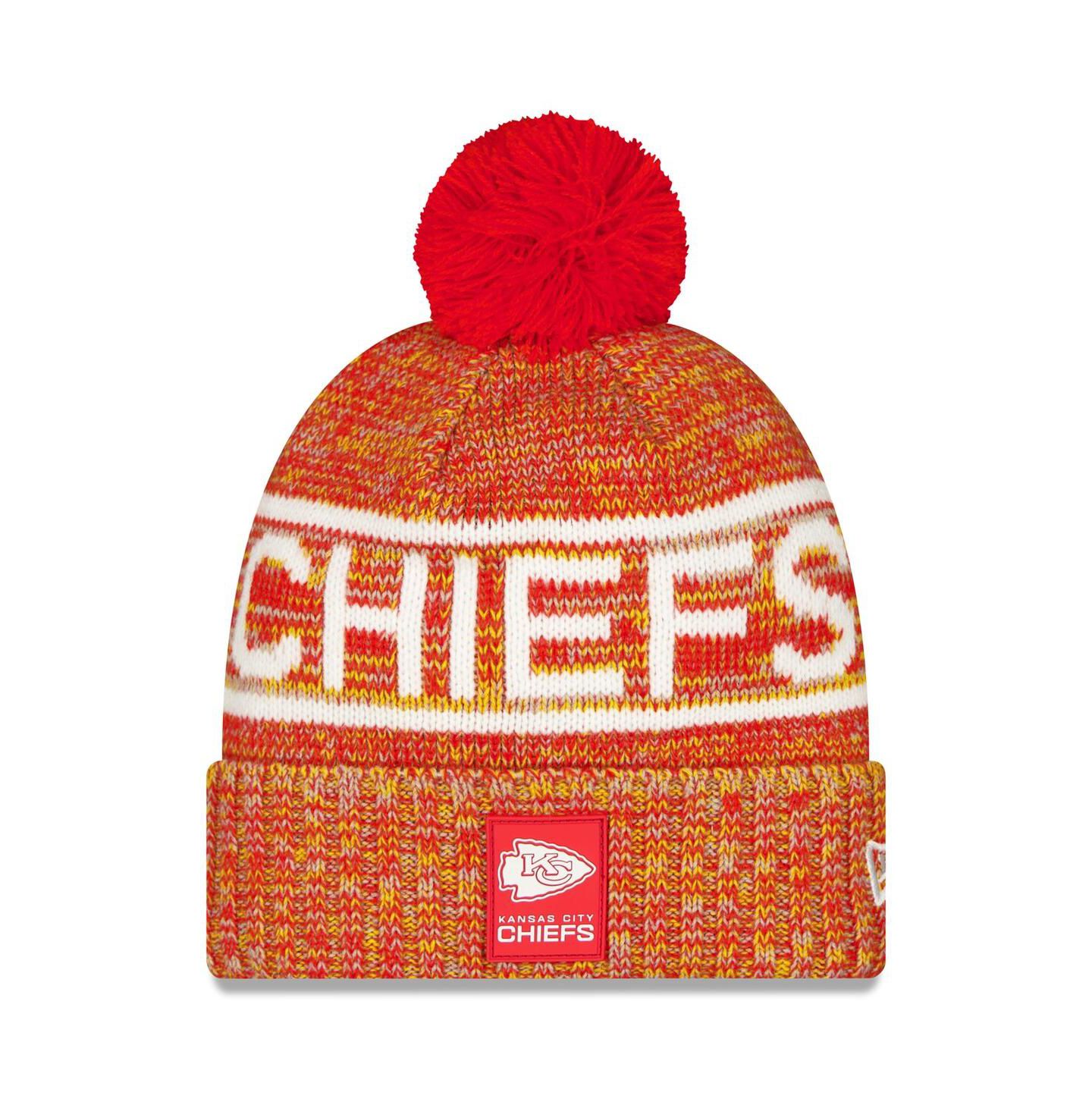 Мужской головной убор New Era Red Kansas City Chiefs 2025 Sideline Cold Weather Cuffed Knit with Pom Hat — фото 1