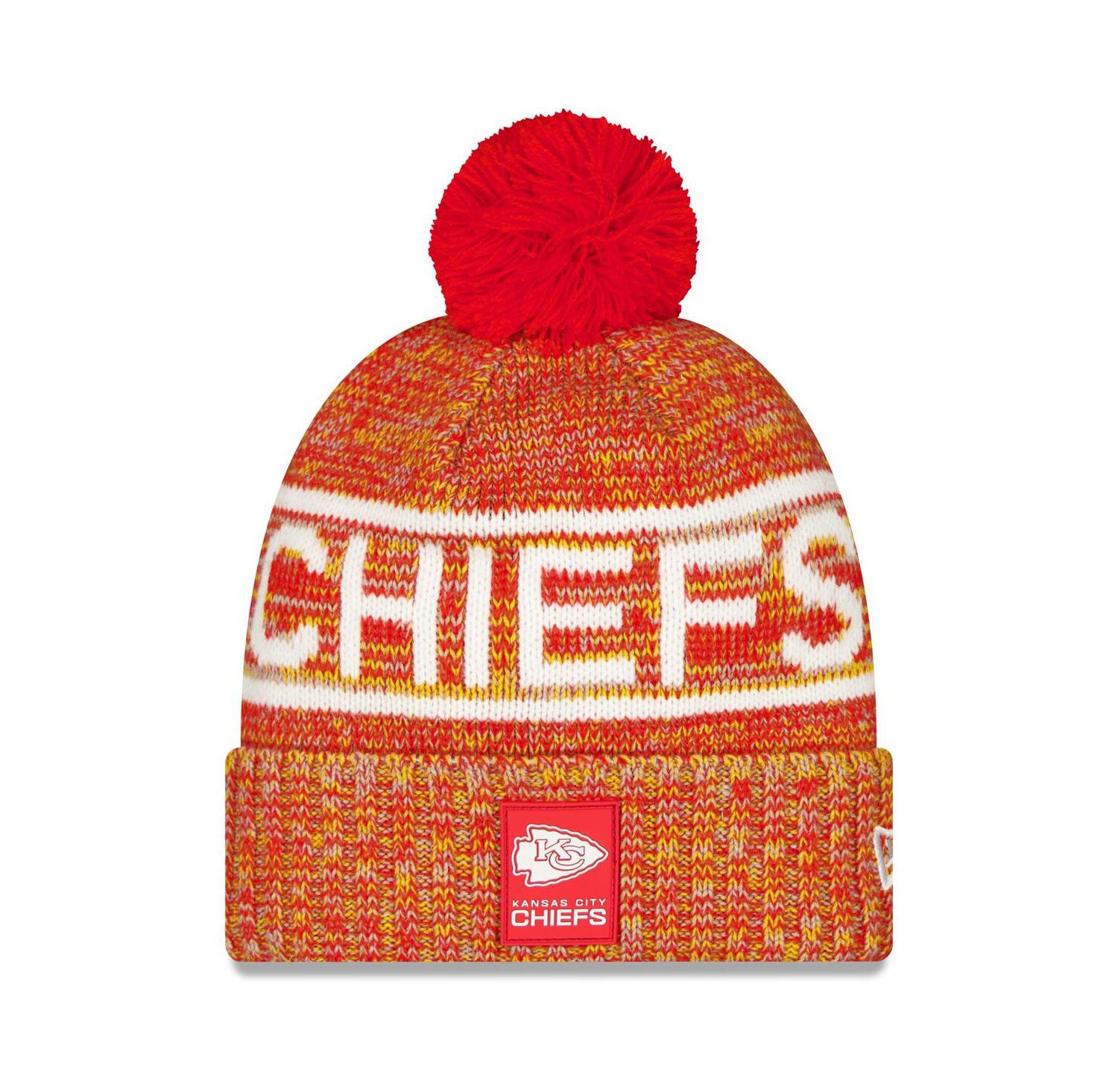 Men's Red Kansas City Chiefs 2025 Sideline Cold Weather Cuffed Knit with Pom Hat