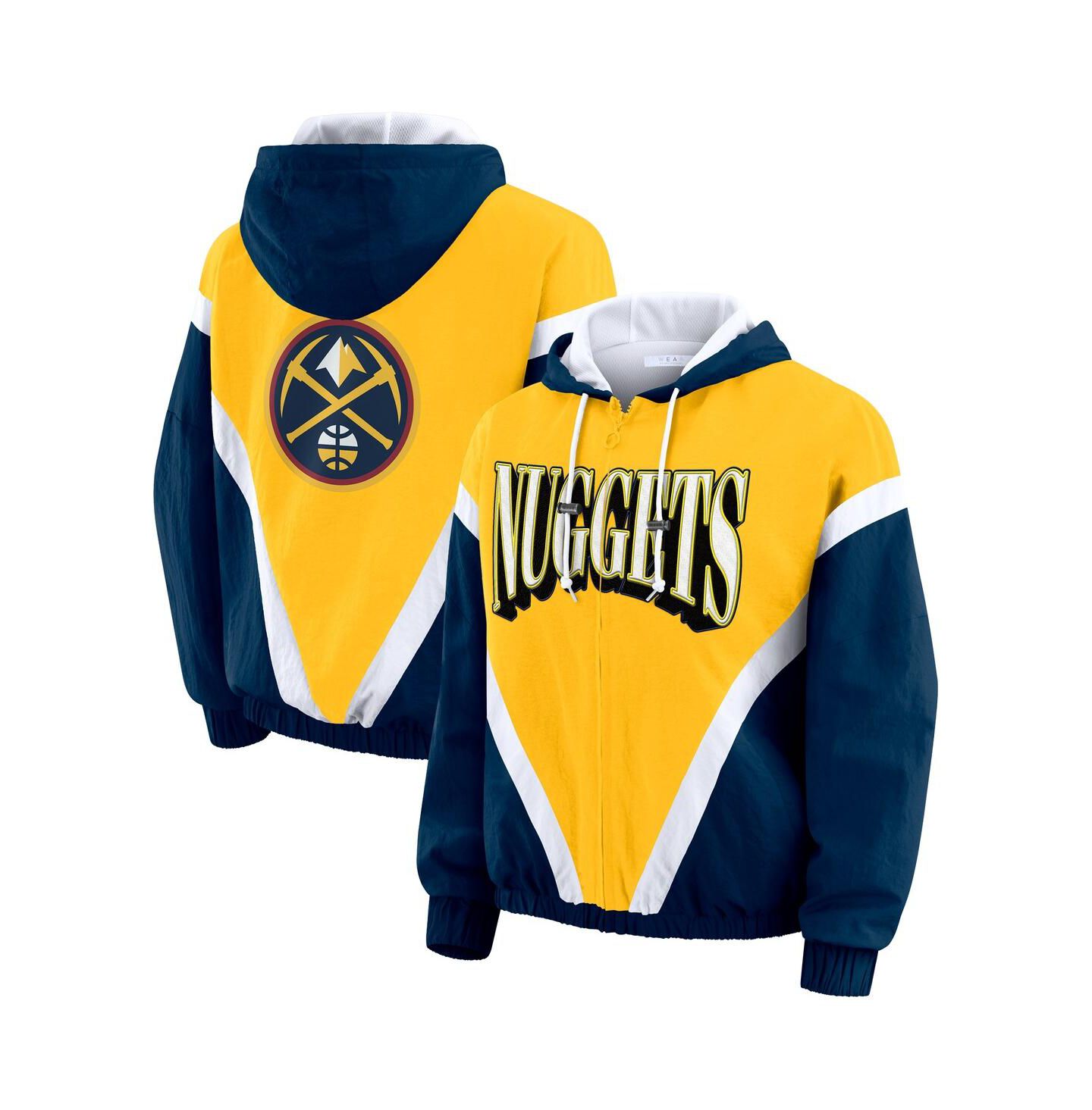 Женские худи WEAR by Erin Andrews Gold/Navy Denver Nuggets Color Block Full-Zip Windbreaker Jacket — фото 1