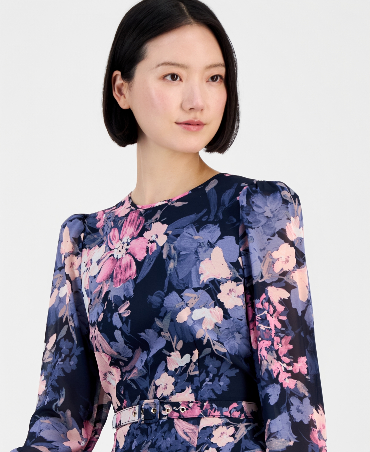 Tahari Asl Women's Floral Long-Sleeve Ruffled Dress