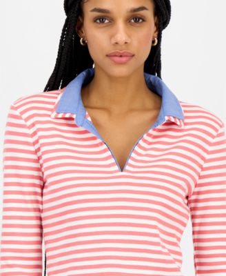Women's Striped Double Collar Long Sleeve Cotton Shirt