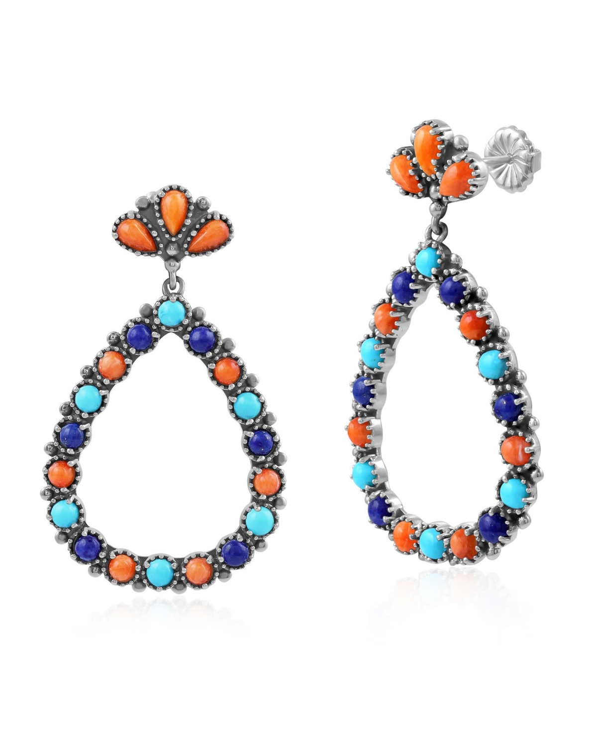 American West Jewelry Sterling Silver Orange Spiny Oyster, Turquoise and Lapis Teardrop Post Back Earrings