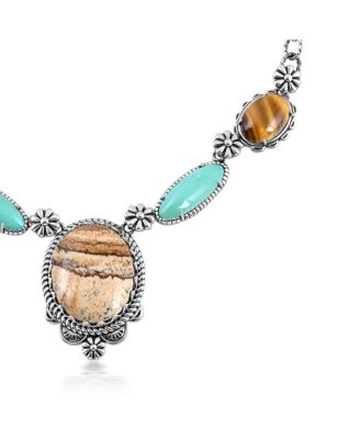 Sterling Silver Picture Jasper, Green Turquoise and Tiger's Eye Concha Station Necklace, 17 to 20 Inches