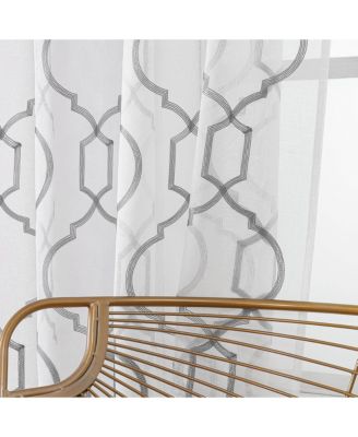 Transcendence 1 Piece Grommet Top Embroidered Sheer Trellis Clover Window Curtain Panel - Silver