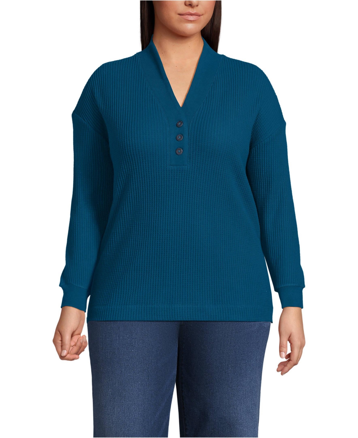 Lands' End Plus Long Sleeve Waffle Shawl Collar Henley
