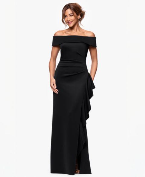 Женские платья XSCAPE Off-The-Shoulder Ruffled Side-Slit Gown, цвет: Чёрный