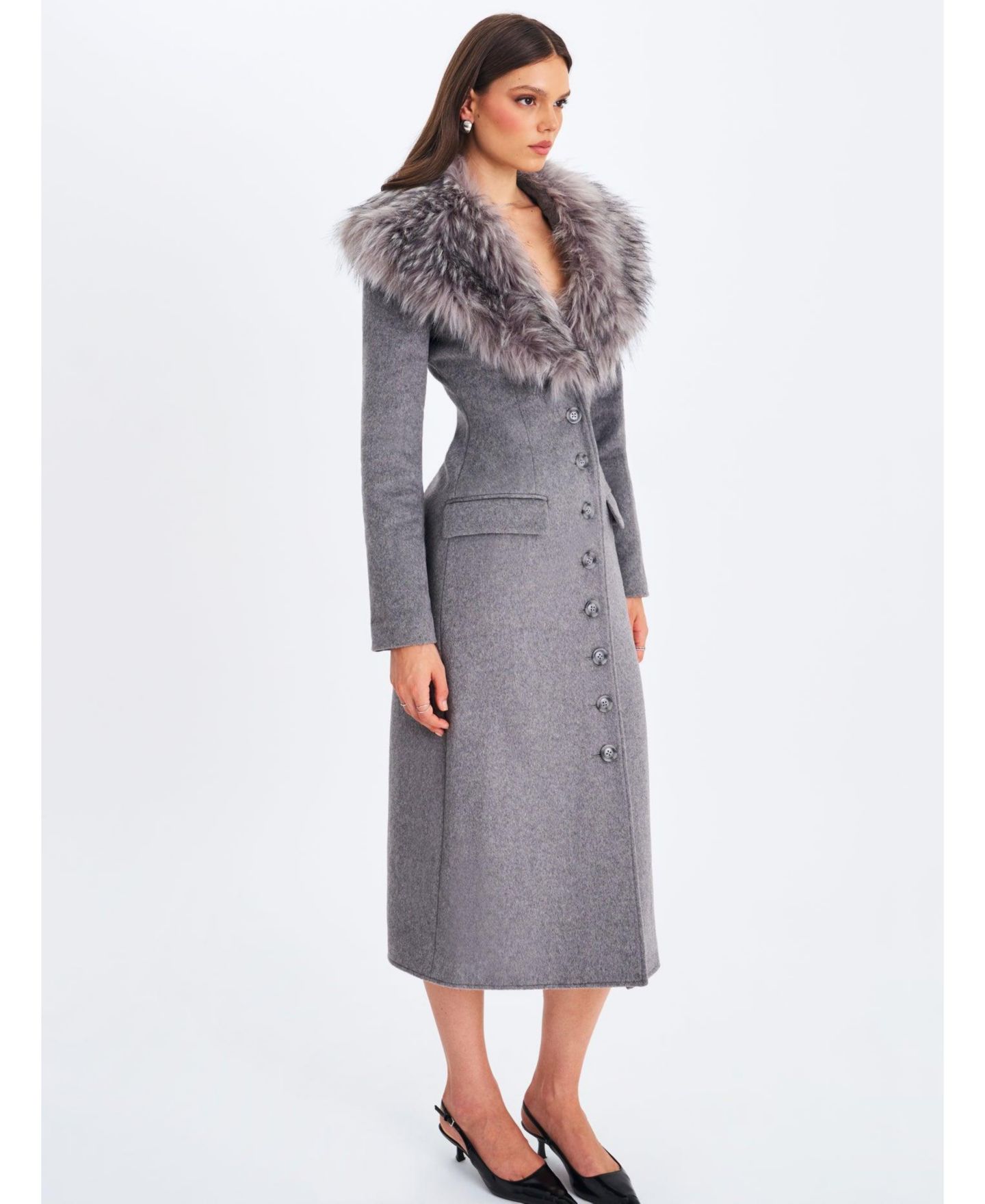 Женское пальто Miss Circle Faye Grey Wool Blend Single-Breasted Coat with Removable Faux Fur Collar, цвет: Серый — фото 10