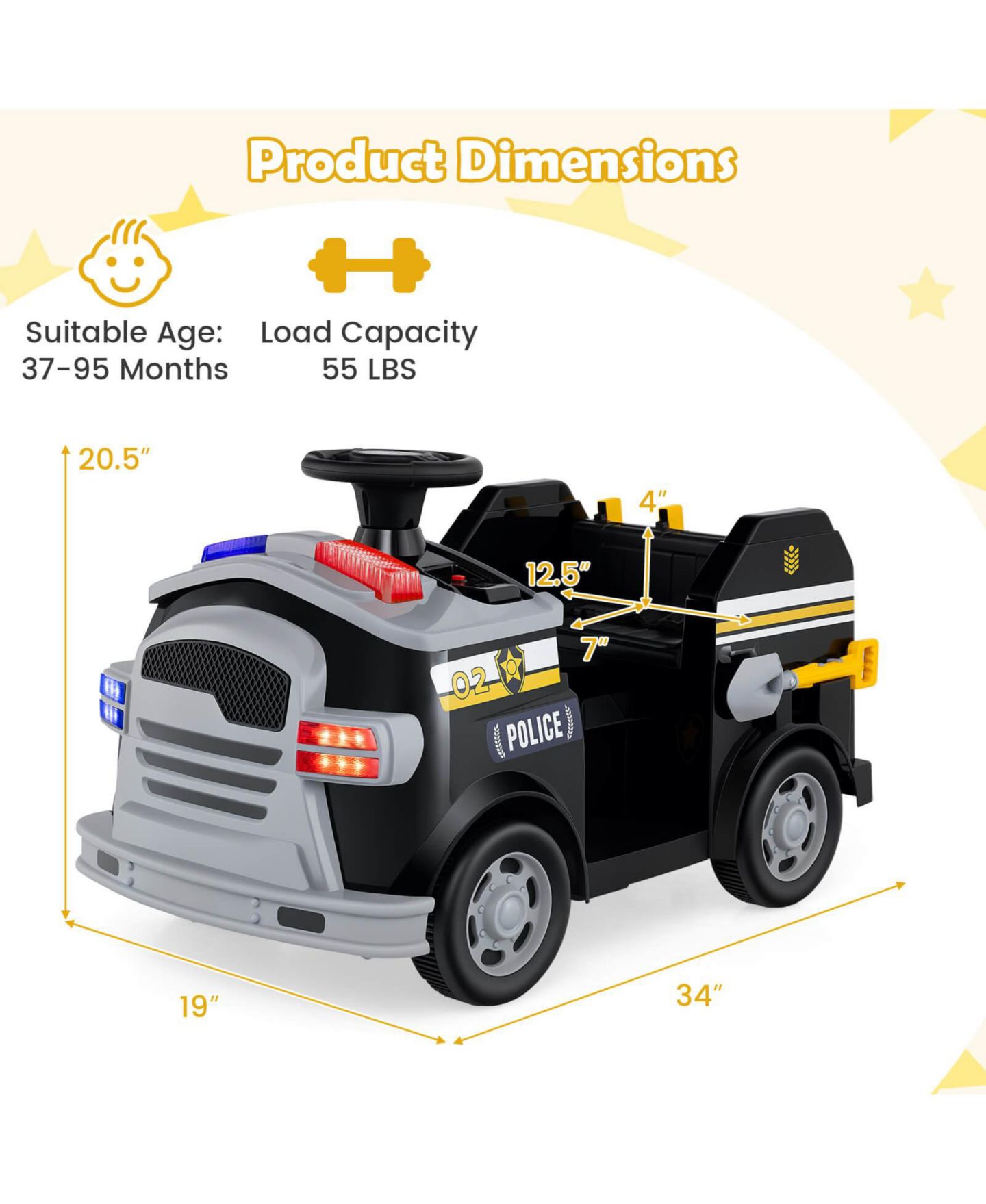 Детская игрушка Costway 12V Kids Fire Truck Ride-On with Shovel & Wrench, 3–7 лет, цвет: Чёрный — фото 4
