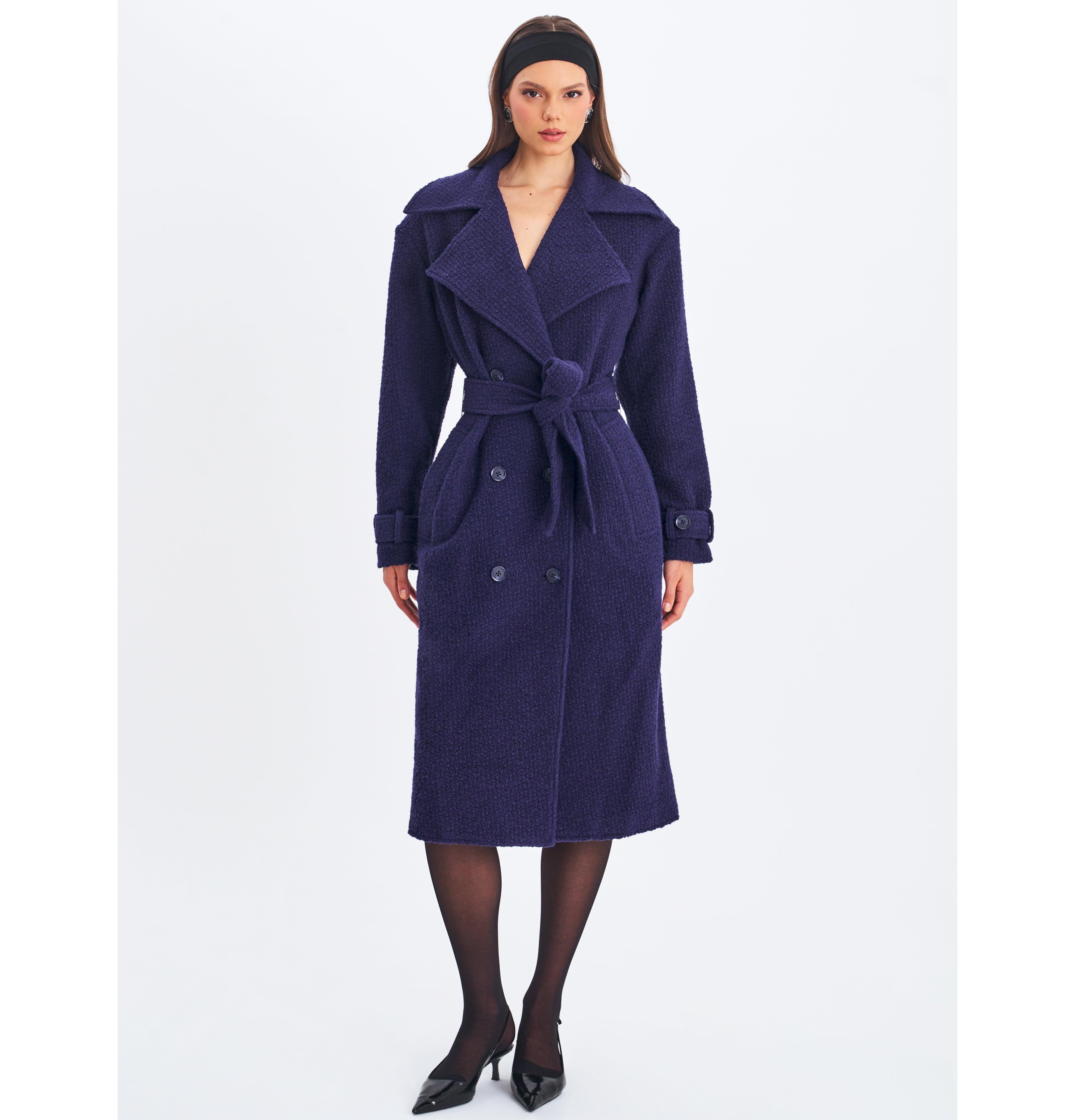 Miss Circle Women Jaelyn Midnight Blue Wool Blend Double-Breasted Belted Coat