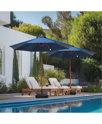 9ft Solid Wood Outdoor Patio Umbrella with Base Included Parasol Wheels Stand for Bistro Market Garden Deck Yard Poolside Navy
