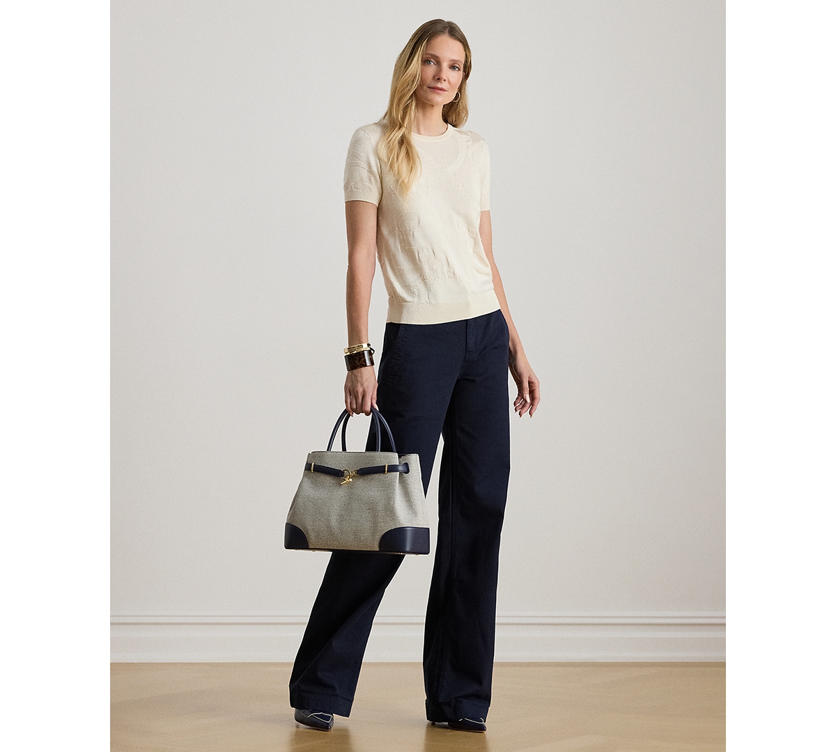 Ralph Lauren Petite Textured Belting-motif Short Sleeve Sweater In Neutral