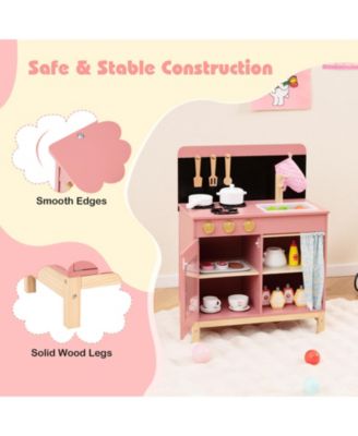 Play Kitchen for Kids w/ Door Curtain Stoves Sink & Oven Cookware Accessories