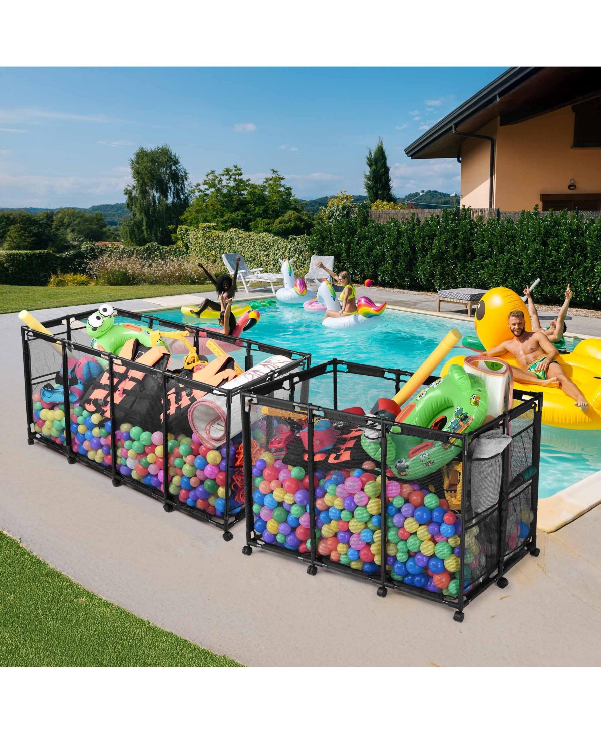 Yescom 2 Pack Pool Toy Storage Bin Mesh Basket Organizer with Wheels Metal Frame