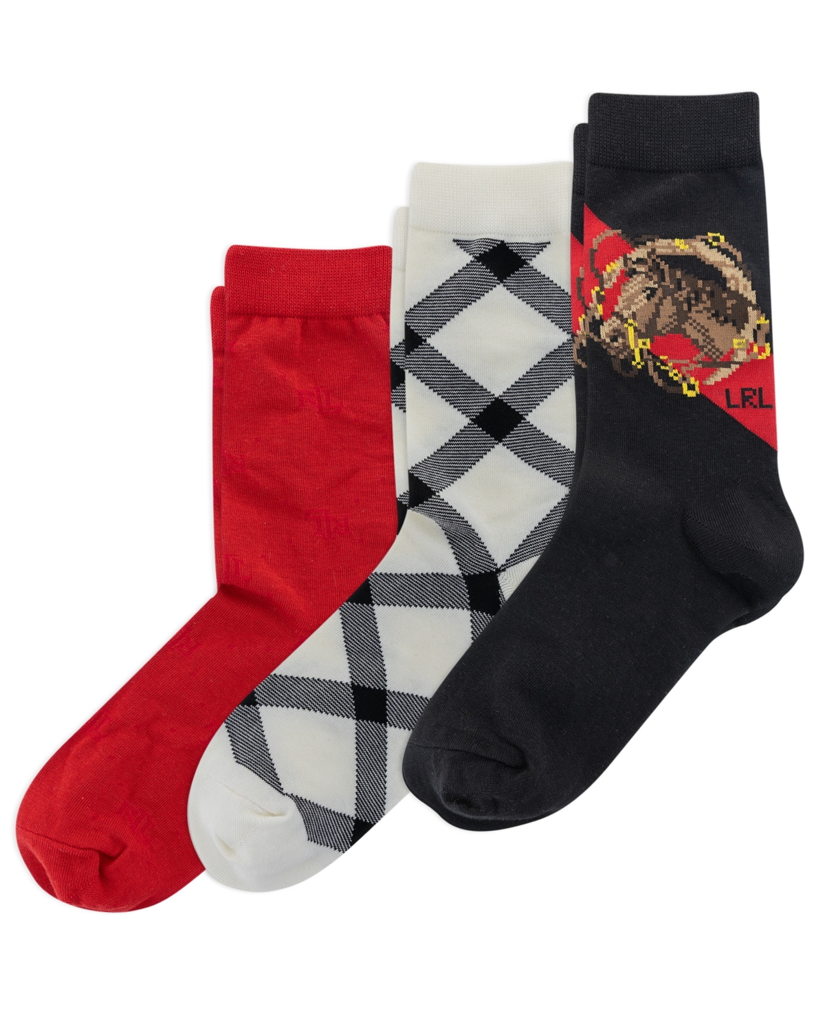 Ralph Lauren Women's 3-pack Horse Crew Socks In Black
