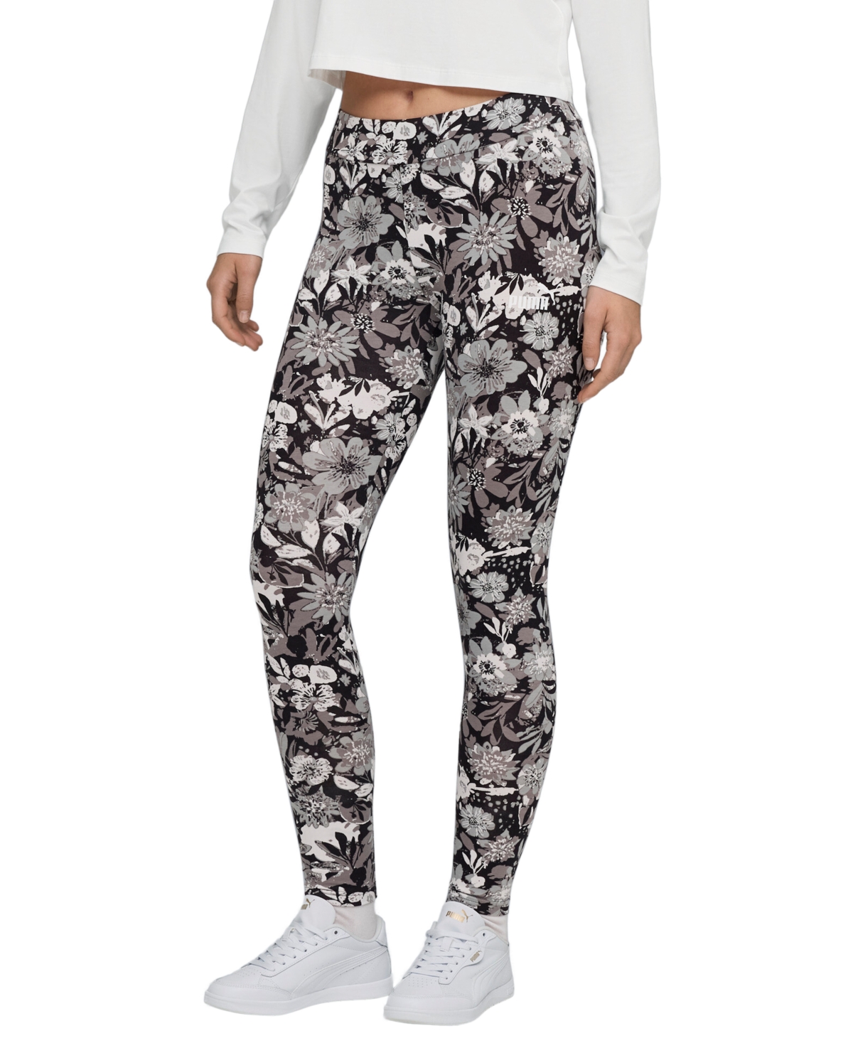 Puma Women's Essential Floral Print Mid Rise Leggings In Black